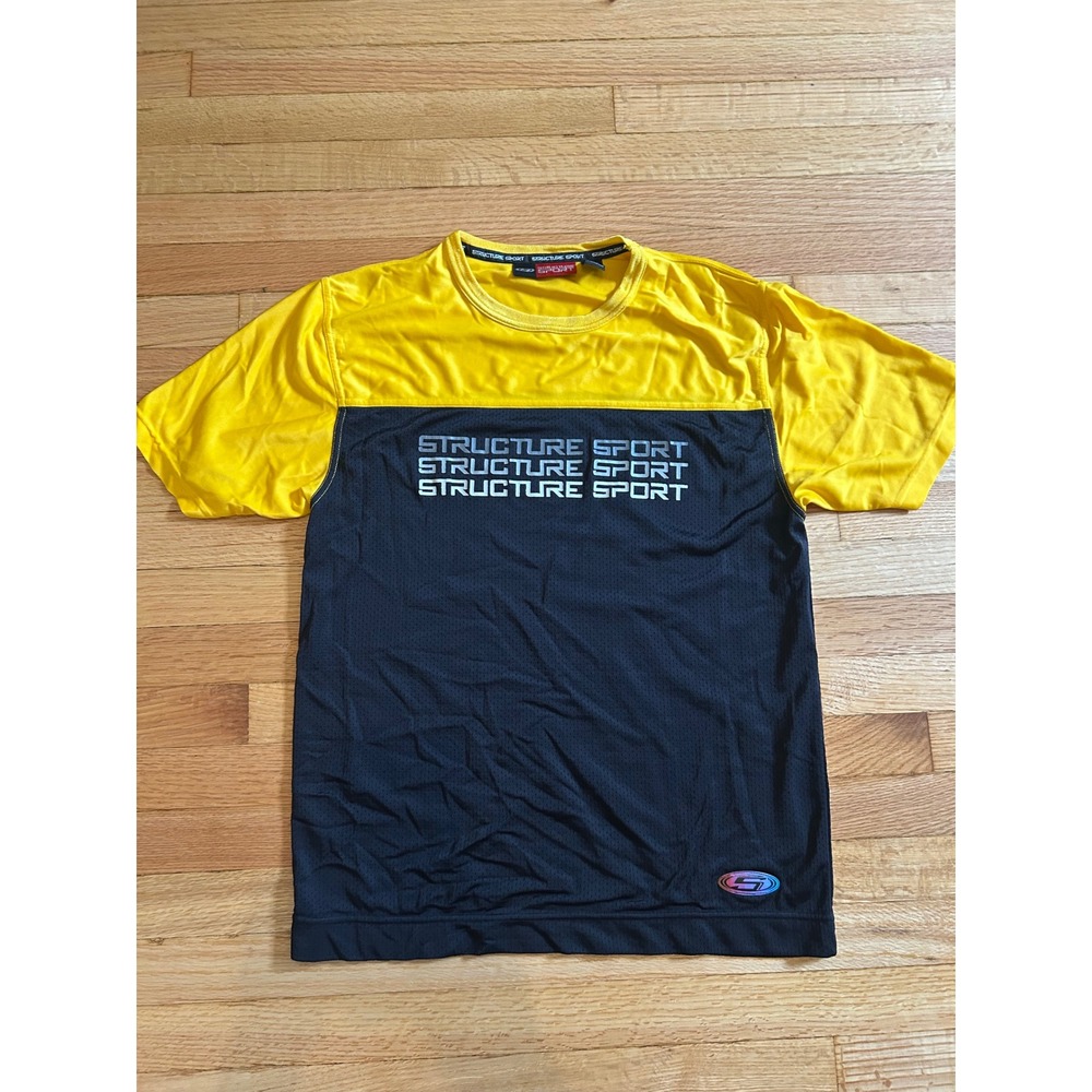 Vintage Structure Sport Mens Large Yellow Navy Blue Mesh Colorblock T-Shirt Y2K